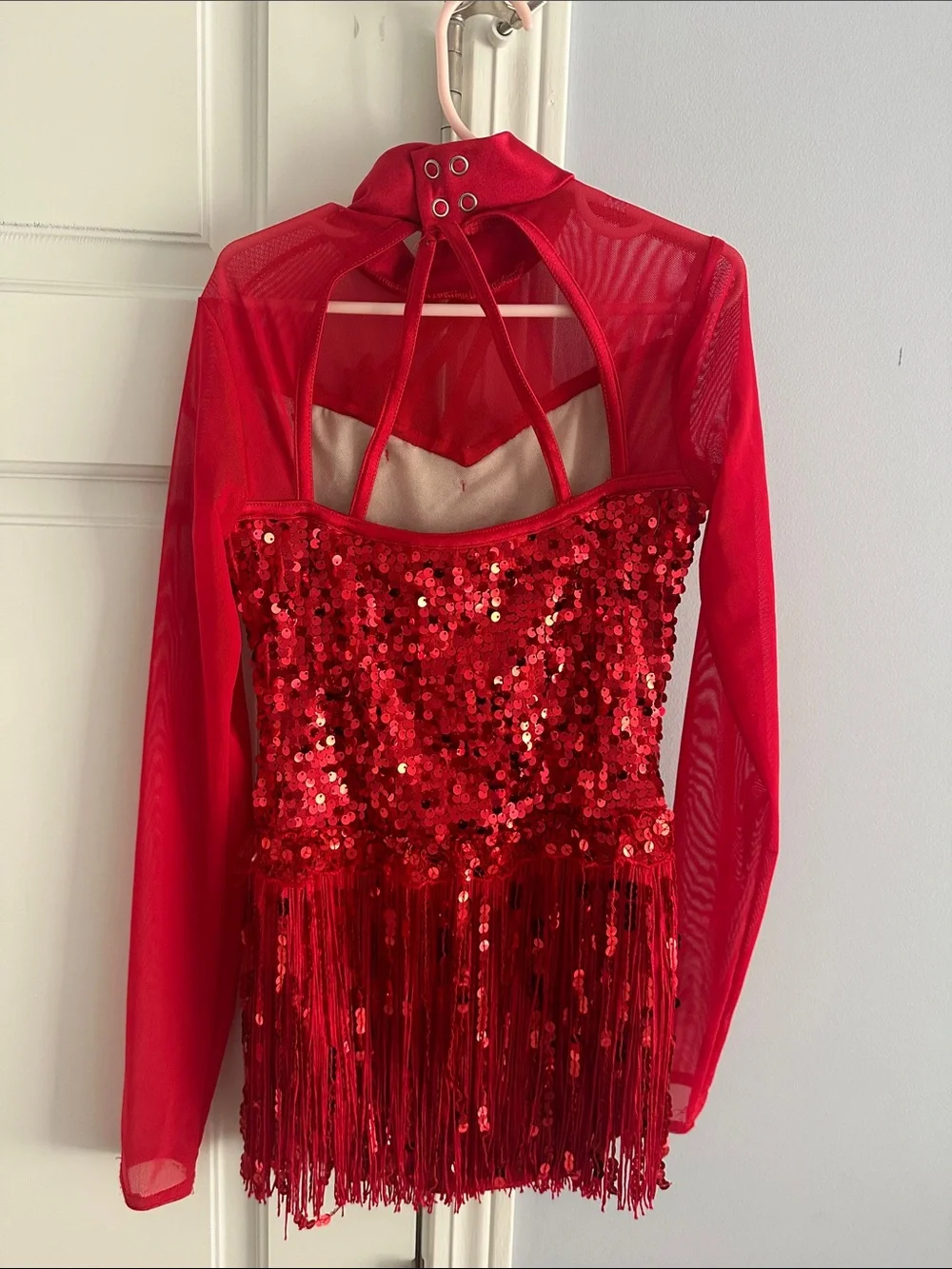Weissman Red Sequin Fringe Dance Costume with Long Sleeves